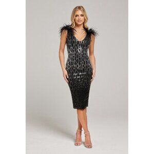 COPY - NADINE MERABI BLACK DRESS WITH FEATHERS AND SEQUINS